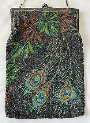 $40 • Buy Large Antique Vintage Beaded Purse Handbag Peacock Feather Design