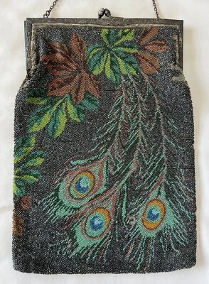 $40 • Buy Large Antique Vintage Beaded Purse Handbag Peacock Feather Design