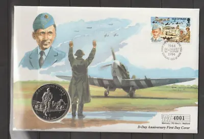 Isle Of Man 1994 50th Anniversary D Day 1 Crown Mercury Coin FDC  Per Scan • £6.99