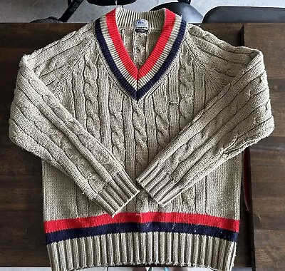 Vintage IZOD Lacoste V-Neck Sweater Chunky Cable Knit Tennis Cricket Sz L Preppy • $60