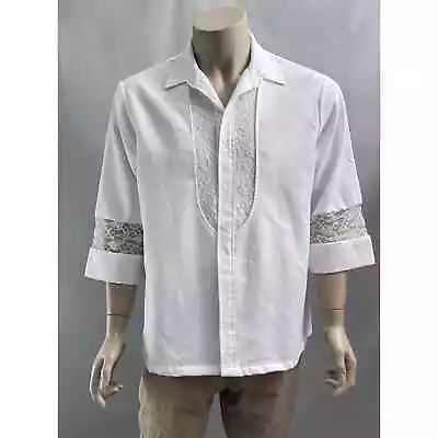 Vtg Iolani Beau Tiki Shirt Men L White Hawaiian Wedding Top Aloha Polyester Lace • $39.99