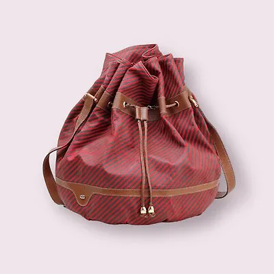 Gucci GG Vintage Shoulder Drawstring Bucket Bag Red Green Stripe Canvas Purse • $299