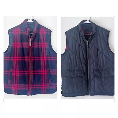 J CREW Men's Navy Puffer Red Flannel Reversible Full Zip Vest Sz LARGE • $21.25