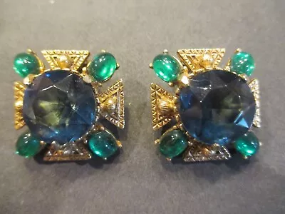 VTG Florenza Blue Rhinestone & Green Cabochon Maltese Cross Clip Earrings • $45