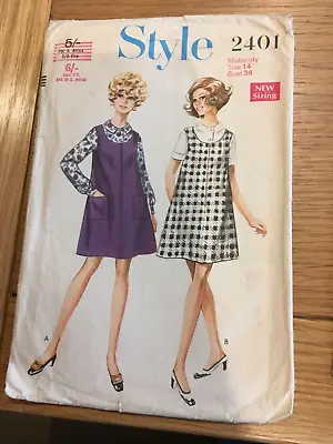 1969 ORIGINAL STYLE SEWING PATTERN 2401 MATERNITY DRESS SIZE 14 Bust 36 FREE P&P • £9.50