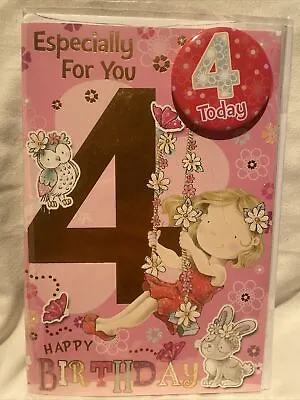 4th Birthday Card Girl With Badge / Birthday Card For 4 Year Old Girl • £2.19