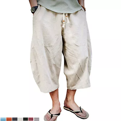 Men's Casual Linen Capri Long Shorts Loose Fit Below Knee Baggy Yoga Sport Pants • $27.99