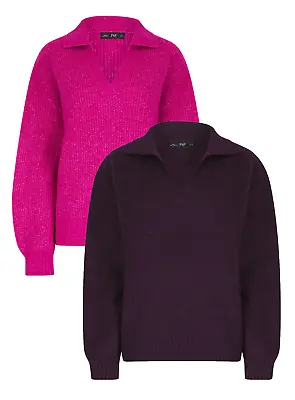 F&F Ladies V Neck Ribbed Collared Cable Knit Jumper Pink / Purple XS S M L XL • £13.95