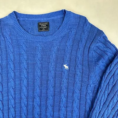 Abercrombie And Fitch Cable Knit Sweater Mens XXL Blue Moose Logo 2XL Y2K A&F • $26.88
