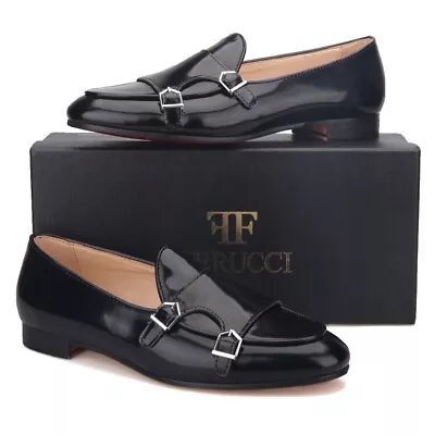 FERUCCI Black Leather Double Monk Loafer Slippers Flat Prom Wedding • $189.99