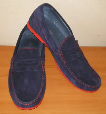 BOLD! SOXY Mens Navy BLUE Suede RED Sole Penny Loafer DRIVING Shoes  41 * 7.5 US • $39.95