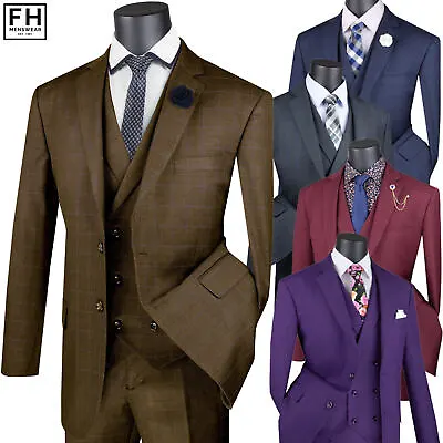 VINCI Men's Glen Plaid 3-Piece Suit 36S-62L 5 Colors Classic Fit - NEW • $130