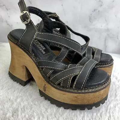 Vintage 90s London Underground Black Leather Platform Wooden Chunky Heel Sz 7 38 • £220.59