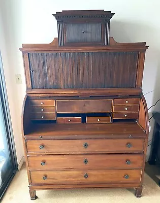 Antique English Regency Mahogany 2-Pc Rolltop Cylinder Desk W/ Bookcase Hutch • $2500