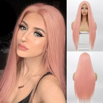 Long Lace Front Wigs Straight Pink Synthetic Hair Wig Heat Resistant Cos Fashion • $36.99