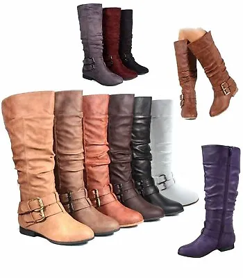 Women's Fashion Low Flat Heel Mid-Calf  Knee High Riding Boot Shoes Size 5 -11 • $38.99