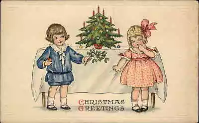 CHRISTMAS Little Boy And Girl At Miniature Tree C1910 Postcard • $5.80