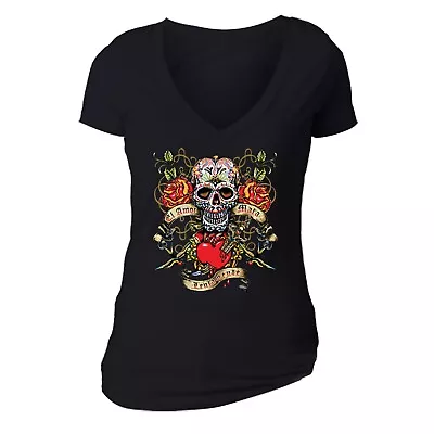 Womens La Amor Mata Sugar Skull Day Dead Dia Los Muertos Mexican V-Neck T-Shirt • $18.49