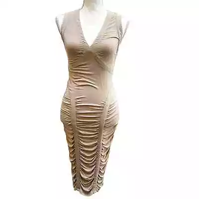2b Rych Beige Ruched Bodycon Sleeveless V Neck Dress Women's Size Small • $19