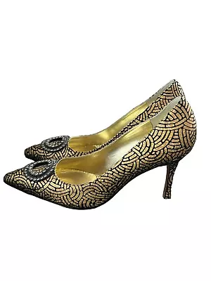 Manolo Blahnik DESCORTES 105 Pumps BB Gold Black Jeweled Shoes 37 • $225