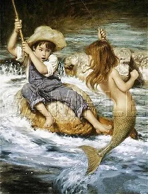 BOY FISHING CATCHES MERMAID GIRL *CANVAS* FANTASY CHILDREN CHILD FISH Art PRINT • $29.60