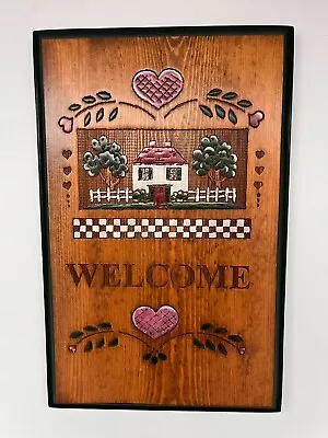 Vtg Hand Crafted Wooden WELCOME Sign/ Plaque House Tree Pink Heart Cottage Decor • $16.50