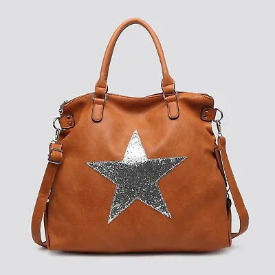 Large Shoulder Handbag Shopper Weekender Shining Star Bag Woman Faux Leather UK • £24.99