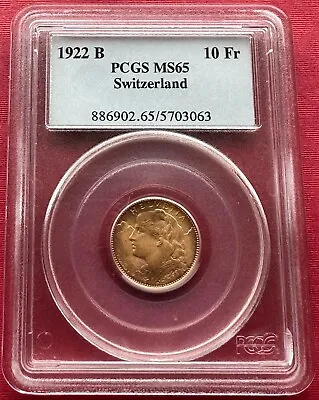 Switzerland  Gold 10 Francs 1922 B - Pcgs Ms 65   Rare7 • $299.99