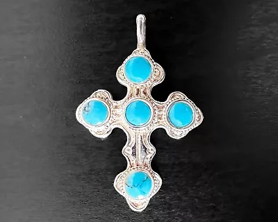 Jezlaine Turquoise Snake Eyes Sterling Silver Cross Southwestern Vtg Pendant • $40