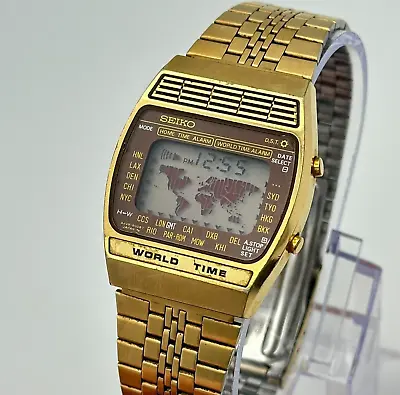Vintage 1979 Men's SEIKO World Time Gold Tone Digital LCD Watch 34mm A239-5020 • $219.99