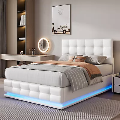 LED Ottoman Gas Lift Up Bed 4ft6 Double Bed PU Leather Upholstered Bed Frame QA • £279.99