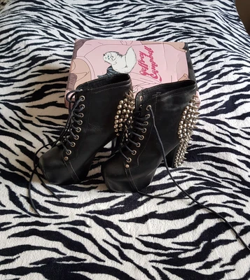 £29.99 • Buy Jeffrey Campbell Lita Boots Black Leather Silver Spike Platform Heels Size 3