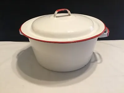 Vintage White Enamel Cookware Pot - Red Trim With Lid (XX59) • $15
