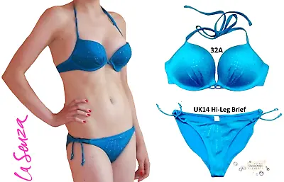 La Senza Turquoise Diamante Megaboost Padded Push-up Bikini Set 32A & 14 Brief • £32