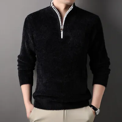 Men Half Zipper Faux Mink Velvet Thicken Sweater Stand Collar Warm Knitted Shirt • $38.26