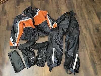 XELEMENT MOTORCYCLE 3pc LINED RAIN GEAR UNISEX EUC COAT PANTS & BOOTS SZ M • $75.95