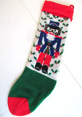 Vintage Christmas Stocking Machine Knit 19  Nutcracker Soldier Blue Red White O • $7.50