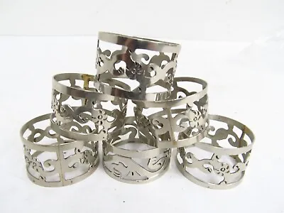 Vtg Alpaca Mexico Silver Plated Acanthus Flower Cut Round Napkin Rings Set Of 6 • $28