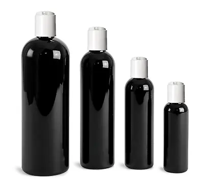 Black Cosmo Round PET Plastic Bottles Empty With White Disc Cap Lids & Liners • $5.75