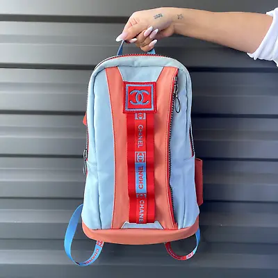 CHANEL Vintage 2002 Sport Collection Blue & Coral Canvas CC Logo Patch Backpack • $2250