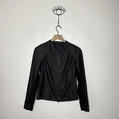 Vince Women's Size XS Black Soft Leather Rib Knit Arm Panel Double Zip Jacket • $198