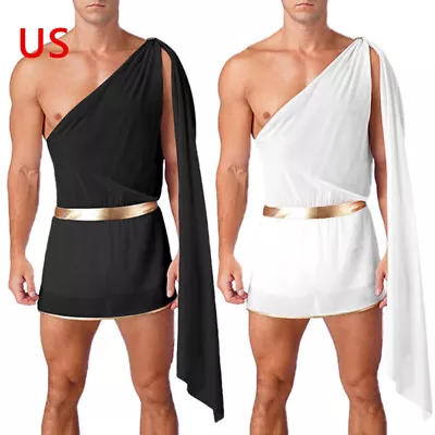 US Men's Ancient Roman Greek Toga Halloween Costume One Shoulder Gold Trim Dress • $12.77