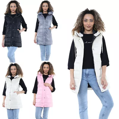 £23.99 • Buy Ladies Puffer Hooded Gilet 3/4 Length Quilted Waistcoat Padded Vest Bodywarmer