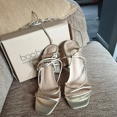 £12 • Buy Boohoo Size 6 Gold Metallic High Heel Ankle Leg Wrap Strap Shoes Sandals Bnwb