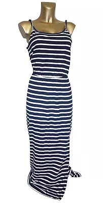 M & S Collection  Maxi  Summer Dress Size 14 Beach Wear Navy White Stripe Cotton • £11.99
