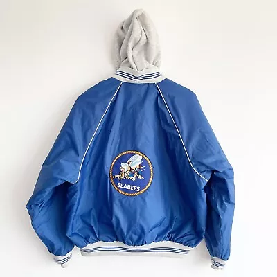 Vintage US Navy Embroidered Seabees Logo Lined Hoodie Blue Jacket Coat Large • $70