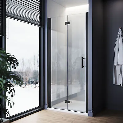 Frameless Shower Enclosure Black Bi Fold Door Wet Room Glass Cubicle Screen • £142.99