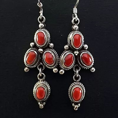 925 Sterling Silver Red Coral Stone Nepal Tibetan Drop Dangle Earrings Vintage • $152