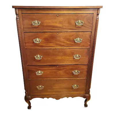 ANTIQUE 20th C American EMPIRE Style Mahogany TALL CHEST Of 5 Drawers DRESSER • $1020