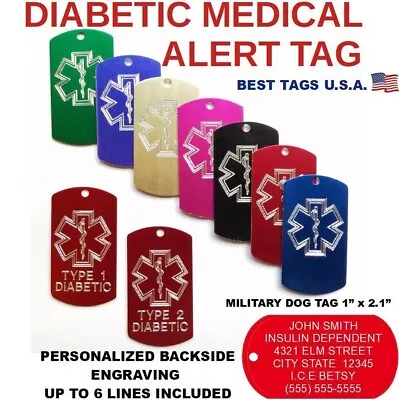 Medical Alert Diabetic Type 1 Or 2 Military Dog Tag Custom Engraved Made In USA! • $6.95